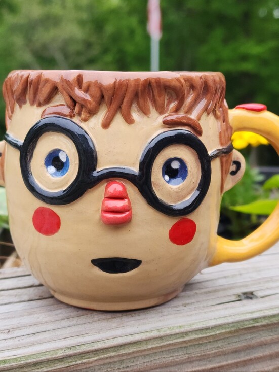 Handmade Other - Handmade Coffee Mug 3D Face Cute And Clay Signed Glasses Polka Dot One Of A Kind